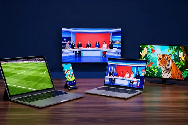 WeSellIPTV, the best IPTV provider 2026, playing different channels on a smart TV, laptop, tablet and phone at the same time