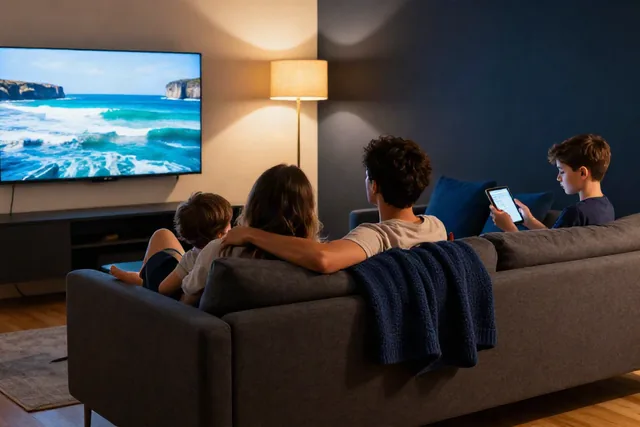 A family watching WeSellIPTV, the best IPTV subscription 2026, on the living-room television while a teenager streams on a tablet