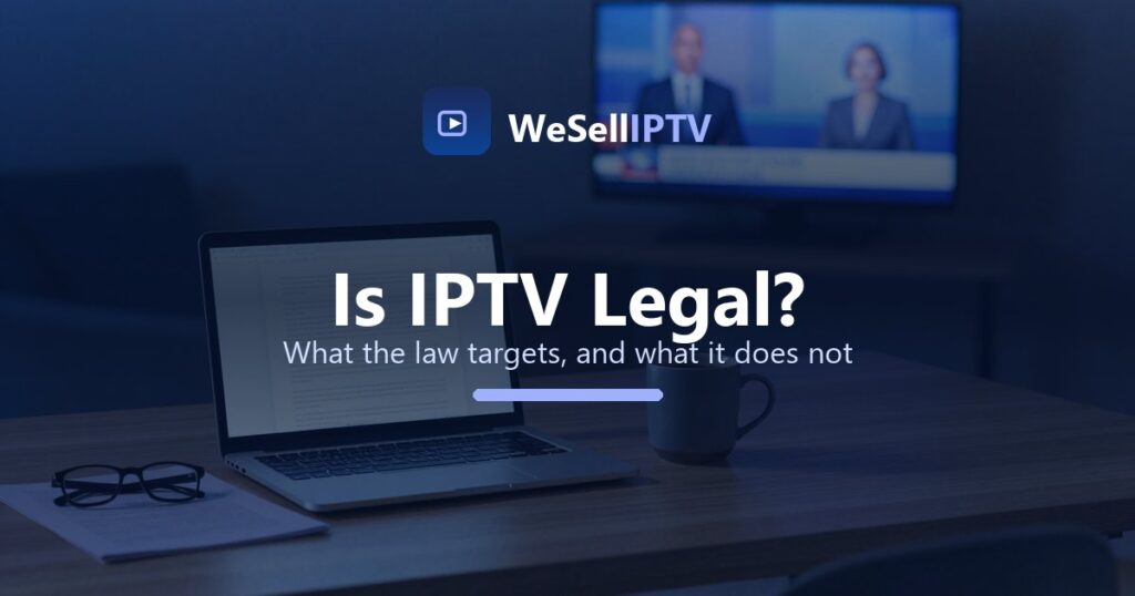 Reading the terms behind an IPTV subscription on a laptop, with a news broadcast playing on the television behind