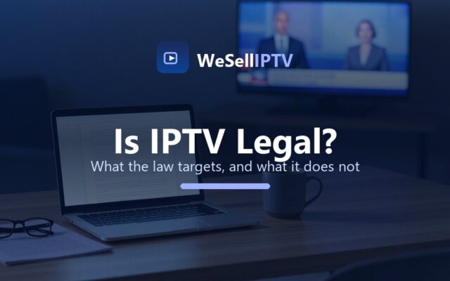 Reading the terms behind an IPTV subscription on a laptop, with a news broadcast playing on the television behind