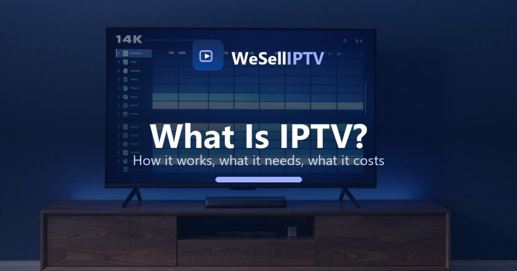 A WeSellIPTV programme guide open on a living-room 4K television, showing how IPTV delivers channels over broadband