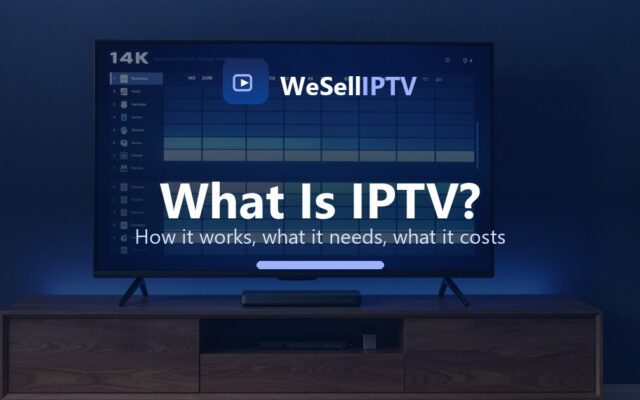 A WeSellIPTV programme guide open on a living-room 4K television, showing how IPTV delivers channels over broadband
