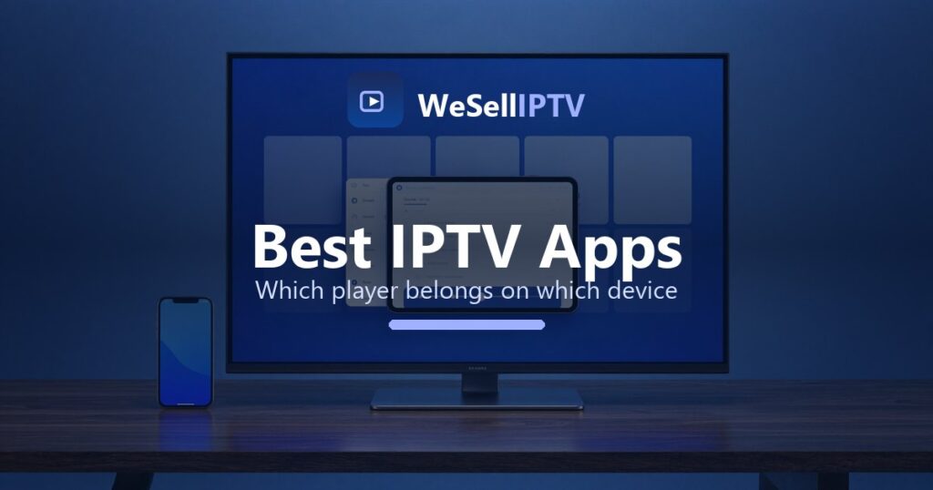 A television, tablet and phone each running a different IPTV player, showing which app suits which device