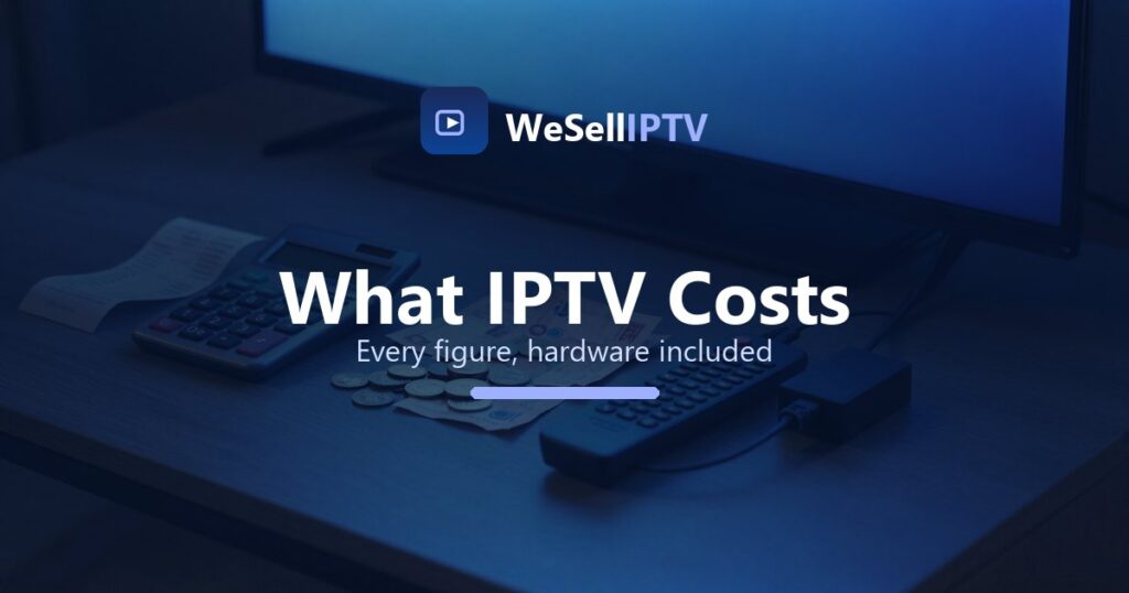 A calculator, receipts and an Ethernet adapter beside a television, totalling the real cost of an IPTV subscription