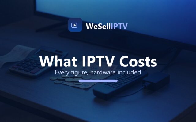 A calculator, receipts and an Ethernet adapter beside a television, totalling the real cost of an IPTV subscription